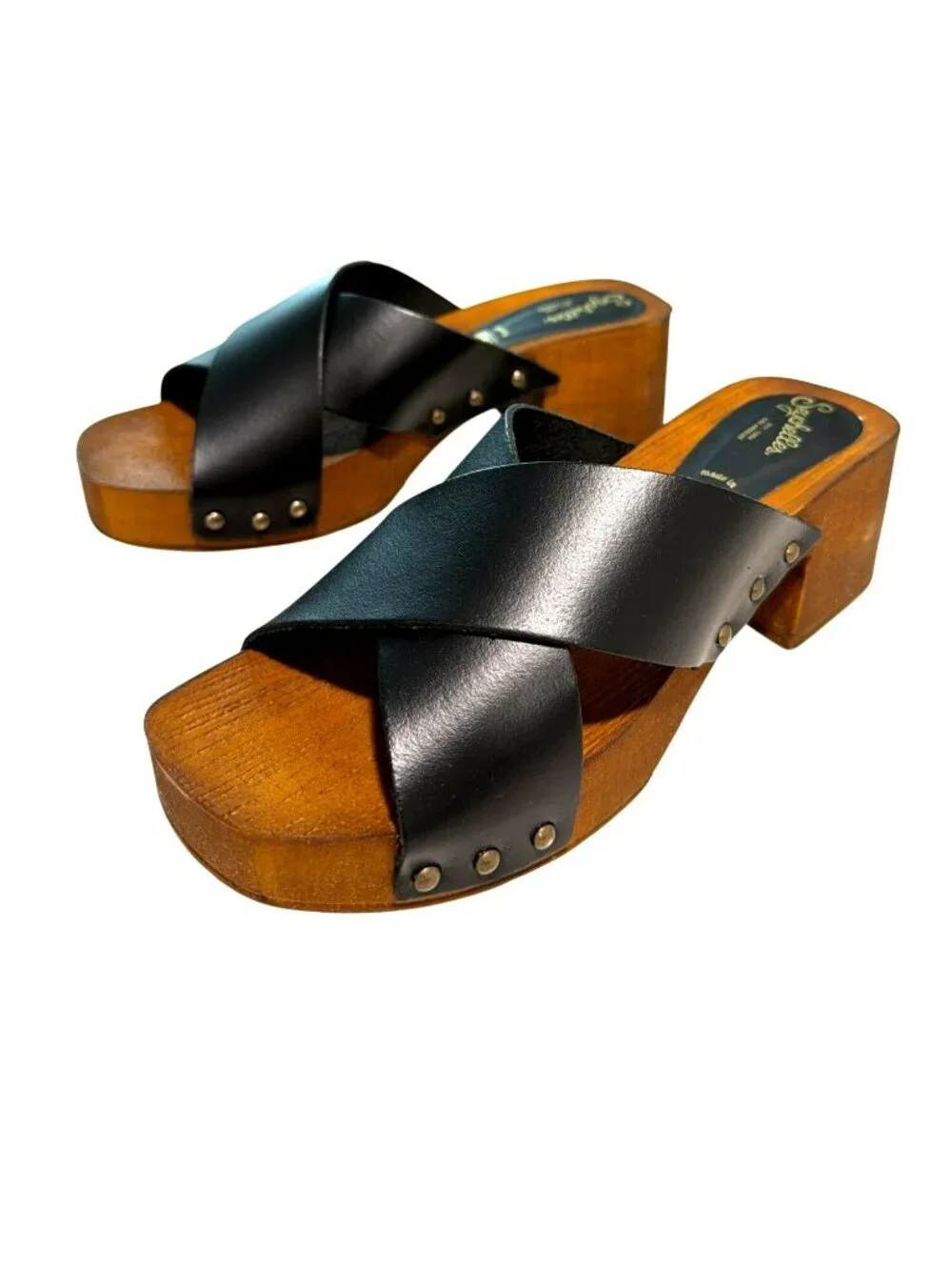 Seychelles Black Leather Platform Sandals Size 8  Wooden Heel Clogs-Brand New